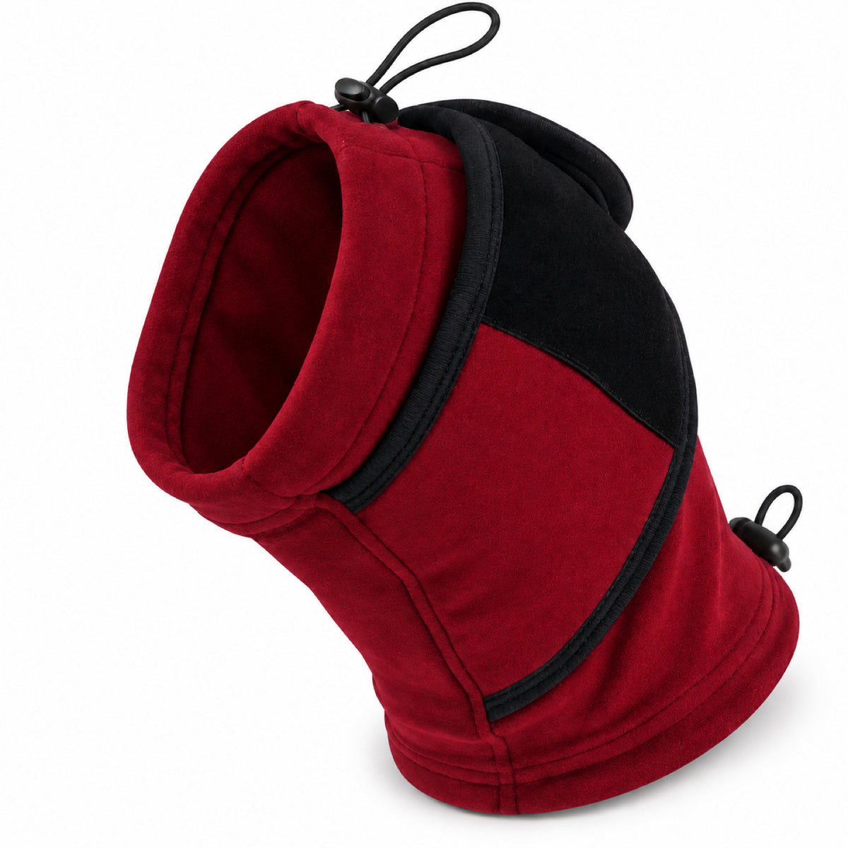 GAVPEPY Fleece-Style A-Shape Dog Head and Neck Wrap, Gray or Red in S, M, L and XL, for covering ears and neck during supervised cool-weather or noisy routines, walks, home, grooming and travel, an open face, layered neck section and adjustment image 9 - DPearmuff16-Red-M.jpg