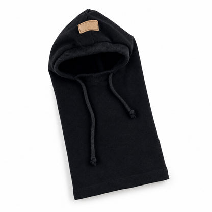 GAVPEPY Polyester Hooded Dog Ear and Neck Wrap, Black, Gray or Green in S, M and L, for covering ears and neck during supervised daily outings, cool-weather walks, travel and home routines, a long neck panel, open face and visible drawcords create image 16 - DPearmuff18-Black-L.jpg