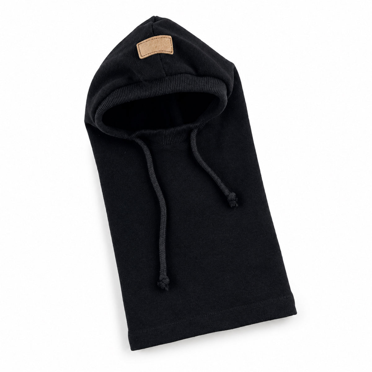 GAVPEPY Polyester Hooded Dog Ear and Neck Wrap, Black, Gray or Green in S, M and L, for covering ears and neck during supervised daily outings, cool-weather walks, travel and home routines, a long neck panel, open face and visible drawcords create image 15 - DPearmuff18-Black-M.jpg