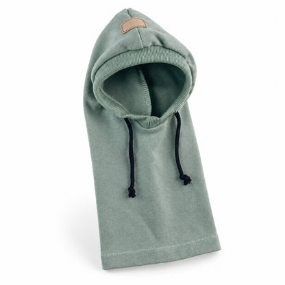 GAVPEPY Polyester Hooded Dog Ear and Neck Wrap, Black, Gray or Green in S, M and L, for covering ears and neck during supervised daily outings, cool-weather walks, travel and home routines, a long neck panel, open face and visible drawcords create image 12 - DPearmuff18-Green-M.jpg
