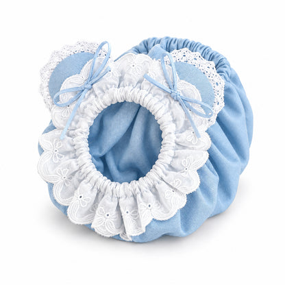 GAVPEPY Cotton Denim Long-Ear Dog Snood with Lace Trim, Light Blue or Medium Blue in S, M and L, for holding long ears and hair back during supervised meals and grooming, feeding time, home grooming and short walks image 10 - DPearmuff21-LightBlue-L.jpg