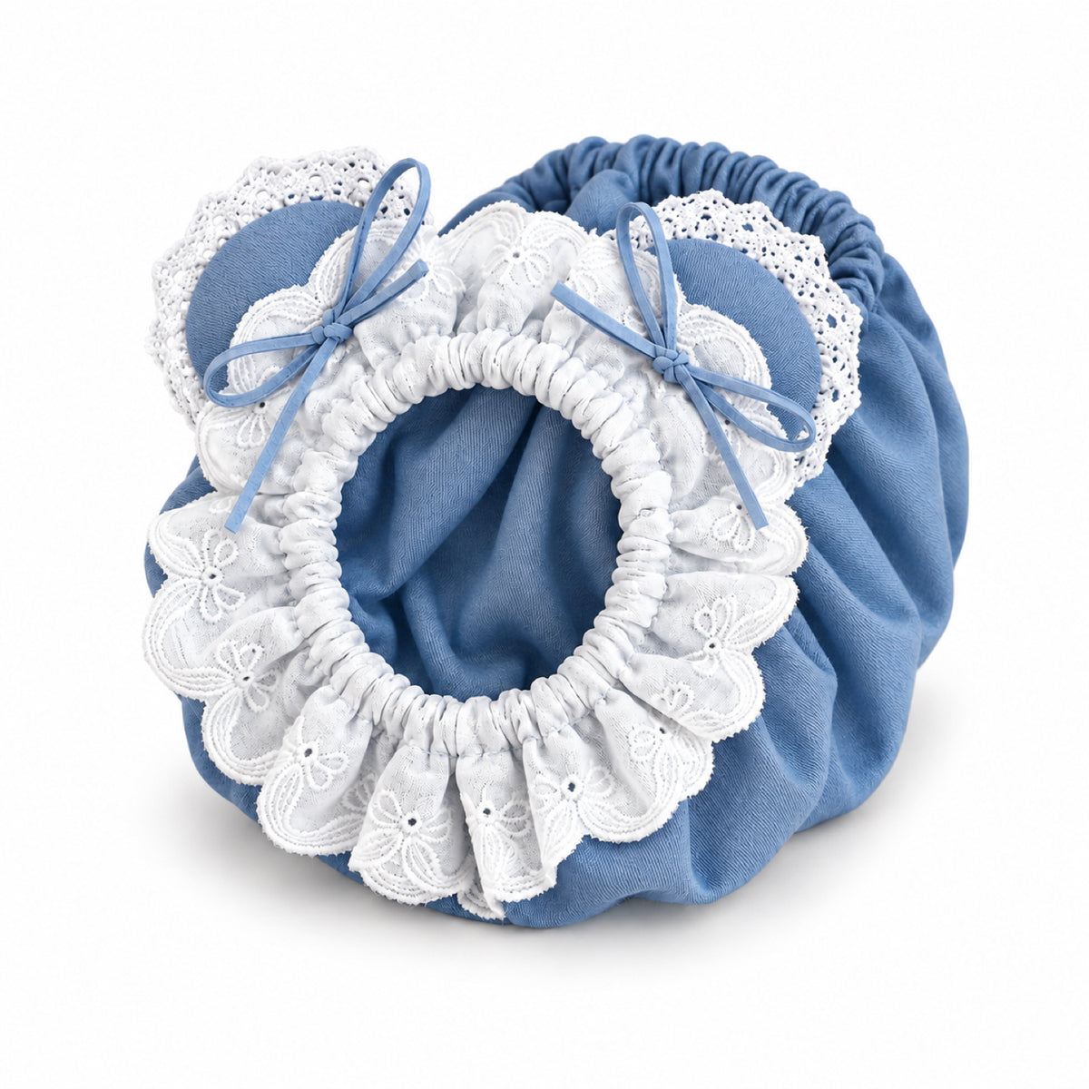GAVPEPY Cotton Denim Long-Ear Dog Snood with Lace Trim, Light Blue or Medium Blue in S, M and L, for holding long ears and hair back during supervised meals and grooming, feeding time, home grooming and short walks image 13 - DPearmuff21-MediumBlue-L.jpg