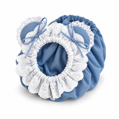 GAVPEPY Cotton Denim Long-Ear Dog Snood with Lace Trim, Light Blue or Medium Blue in S, M and L, for holding long ears and hair back during supervised meals and grooming, feeding time, home grooming and short walks image 12 - DPearmuff21-MediumBlue-M.jpg