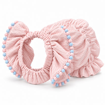 GAVPEPY Polyester Pink Lace Long-Ear Dog Snood, the LA96385 Pink Lace design in S, M and L, for holding long dog ears back during meals and supervised everyday routines, feeding, home grooming and short walks image 8 - DPearmuff23-LA96385-S-EarCoverOnly.jpg