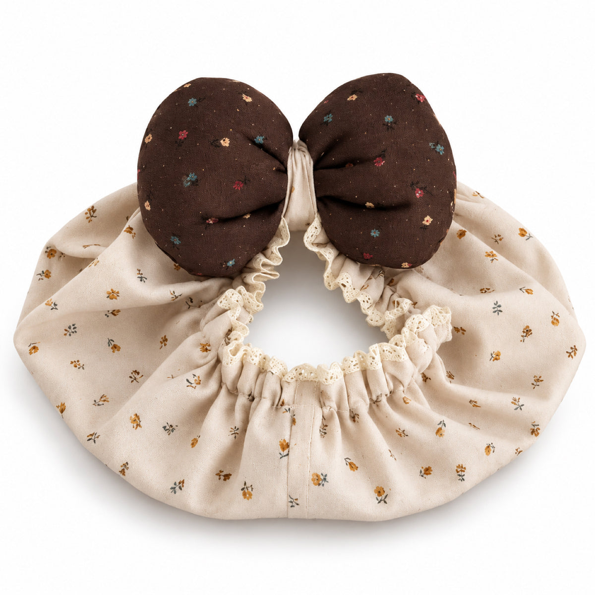 GAVPEPY Polyester Cocoa Bow Long-Ear Dog Snood, the Cocoa Bow Ear Cover Only design in S, M and L, for holding long canine ears back during meals and supervised outings, feeding time, home grooming and short walks image 10 - DPearmuff24-CocoaBow-L-EarCoverOnly.jpg