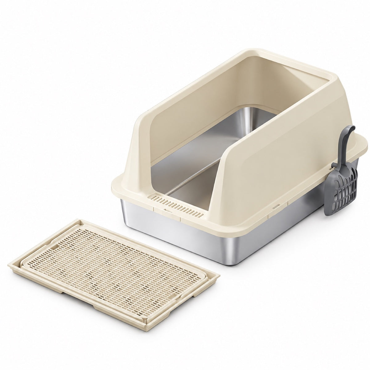 GAVPEPY Extra Large Stainless Steel Top-Entry High-Sided Cat Litter Box, 16 Options image 14 - DPlitterbox3-Khaki-60X40X30CM-WithScoop-V11.jpg