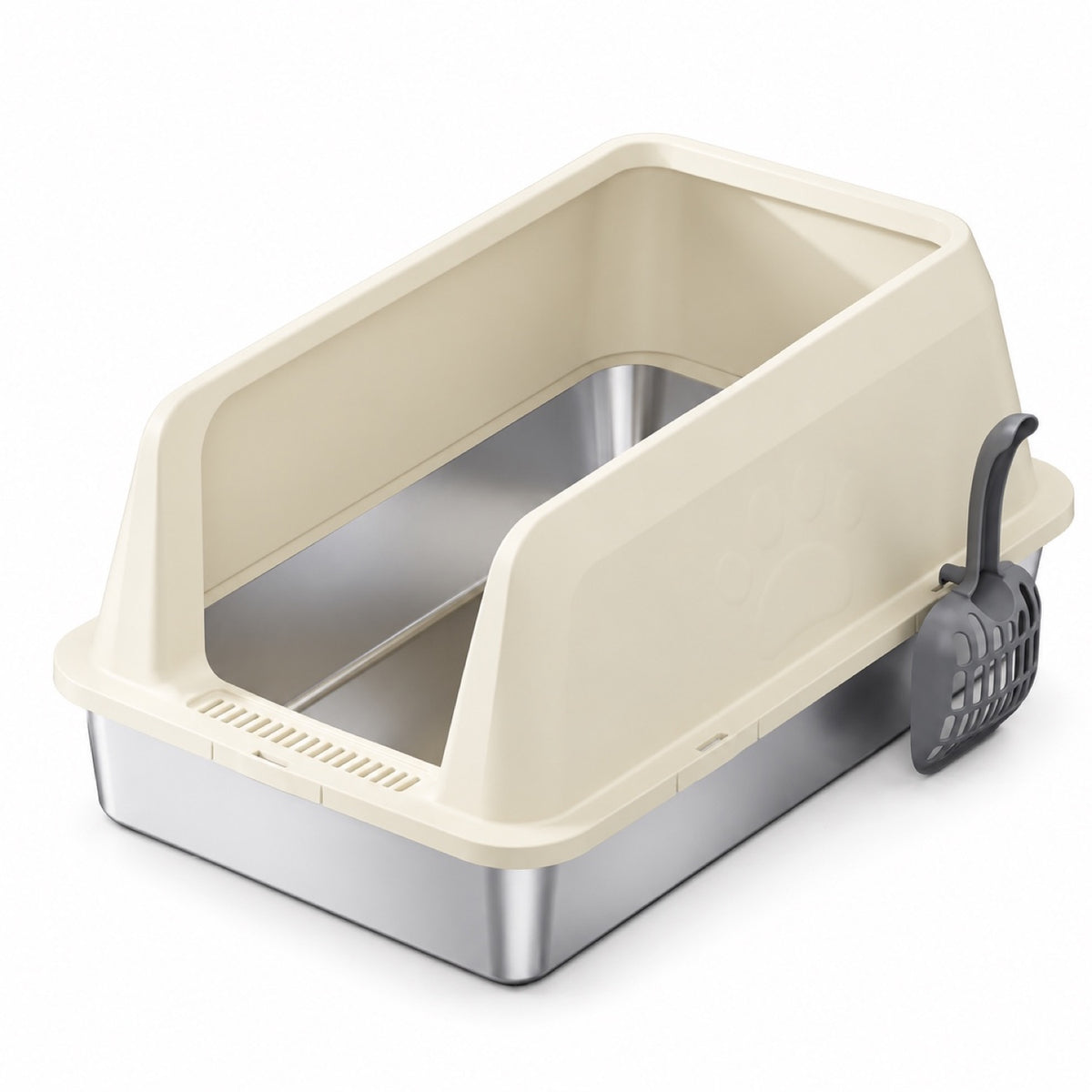 GAVPEPY Extra Large Stainless Steel Top-Entry High-Sided Cat Litter Box, 16 Options image 9 - DPlitterbox3-Khaki-60X40X30CM-WithScoop.jpg
