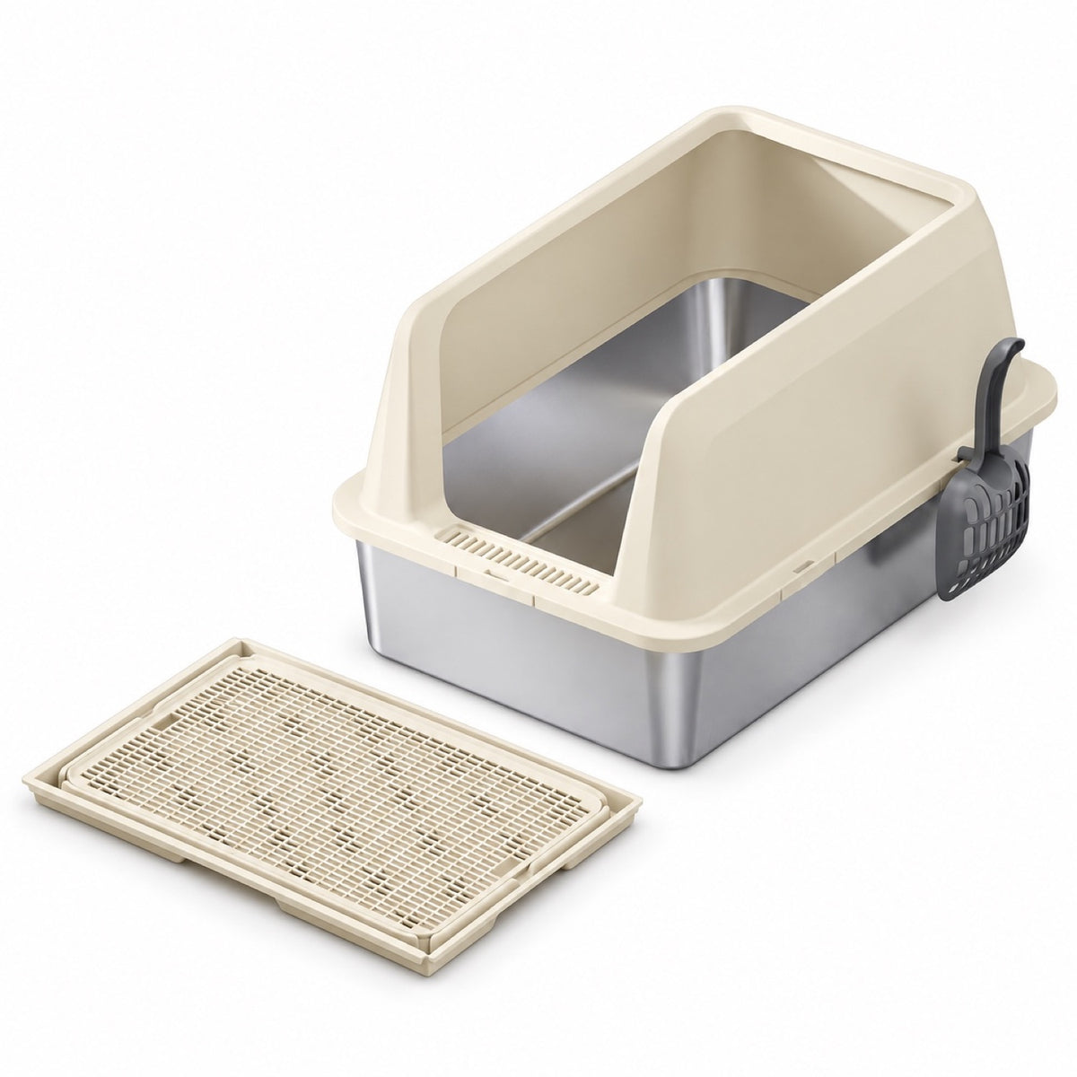 GAVPEPY Extra Large Stainless Steel Top-Entry High-Sided Cat Litter Box, 16 Options image 21 - DPlitterbox3-Khaki-60X40X35CM-WithScoop-V15.jpg