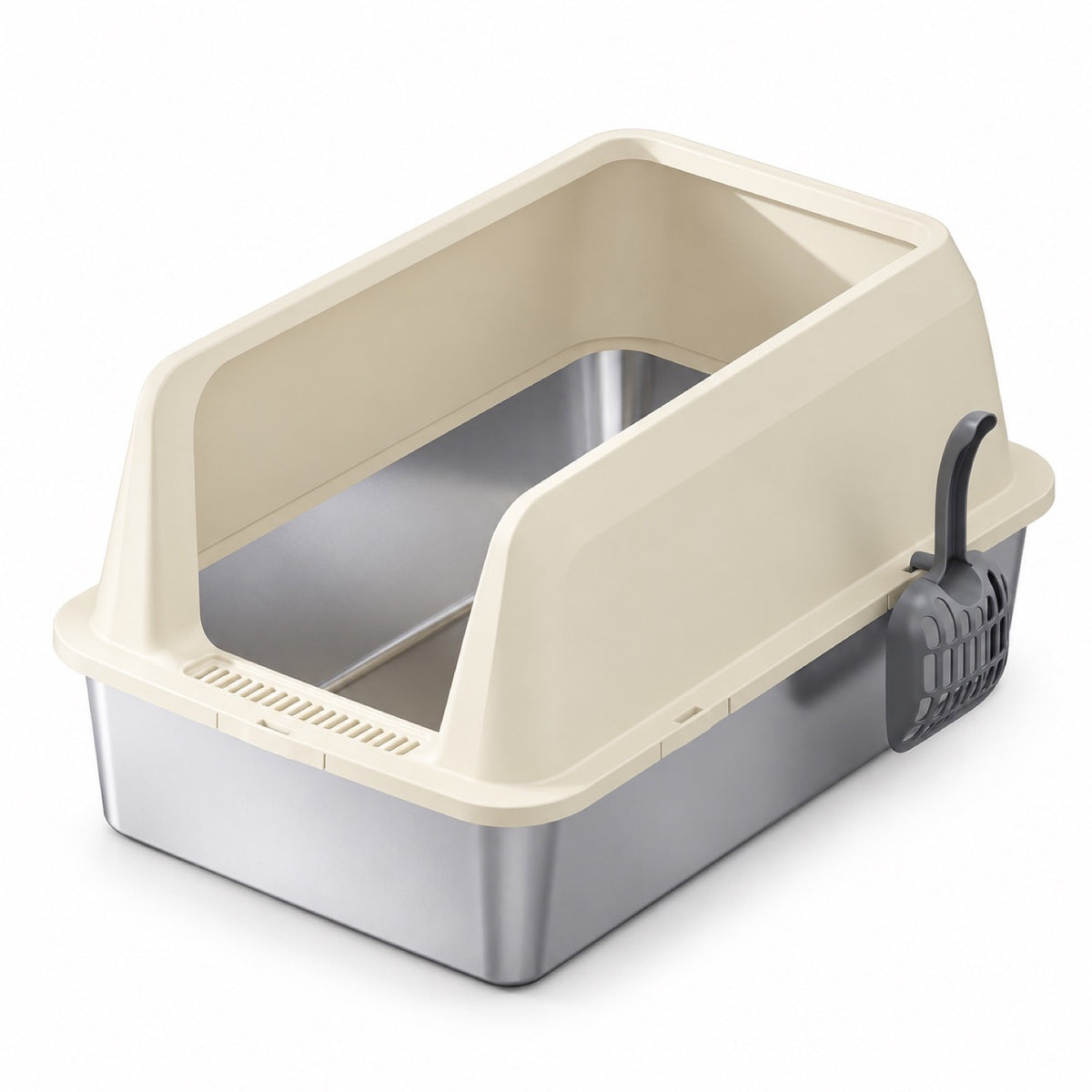 GAVPEPY Extra Large Stainless Steel Top-Entry High-Sided Cat Litter Box, 16 Options image 11 - DPlitterbox3-Khaki-60X40X35CM-WithScoop.jpg