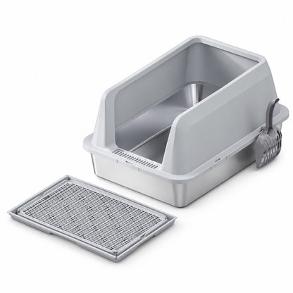 GAVPEPY Extra Large Stainless Steel Top-Entry High-Sided Cat Litter Box, 16 Options image 12 - DPlitterbox3-LightGray-60X40X30CM-WithScoop-V9.jpg