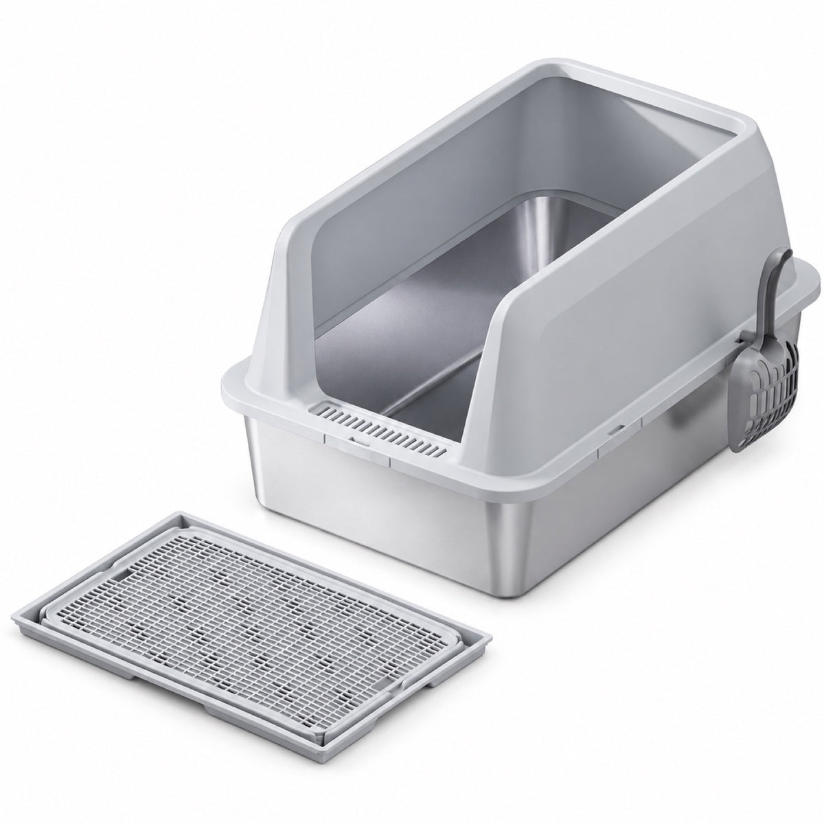GAVPEPY Extra Large Stainless Steel Top-Entry High-Sided Cat Litter Box, 16 Options image 16 - DPlitterbox3-LightGray-60X40X35CM-WithScoop-V13.jpg