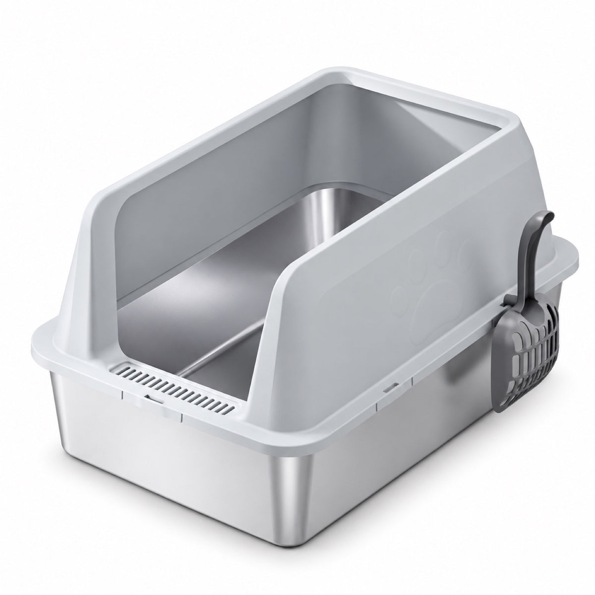 GAVPEPY Extra Large Stainless Steel Top-Entry High-Sided Cat Litter Box, 16 Options image 13 - DPlitterbox3-LightGray-60X40X35CM-WithScoop.jpg