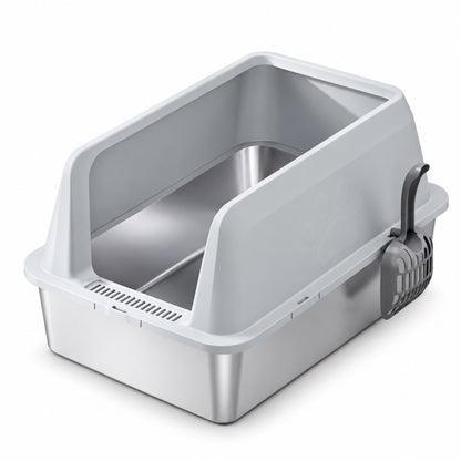 GAVPEPY Extra Large Stainless Steel Top-Entry High-Sided Cat Litter Box, 16 Options image 13 - DPlitterbox3-LightGray-60X40X35CM-WithScoop.jpg