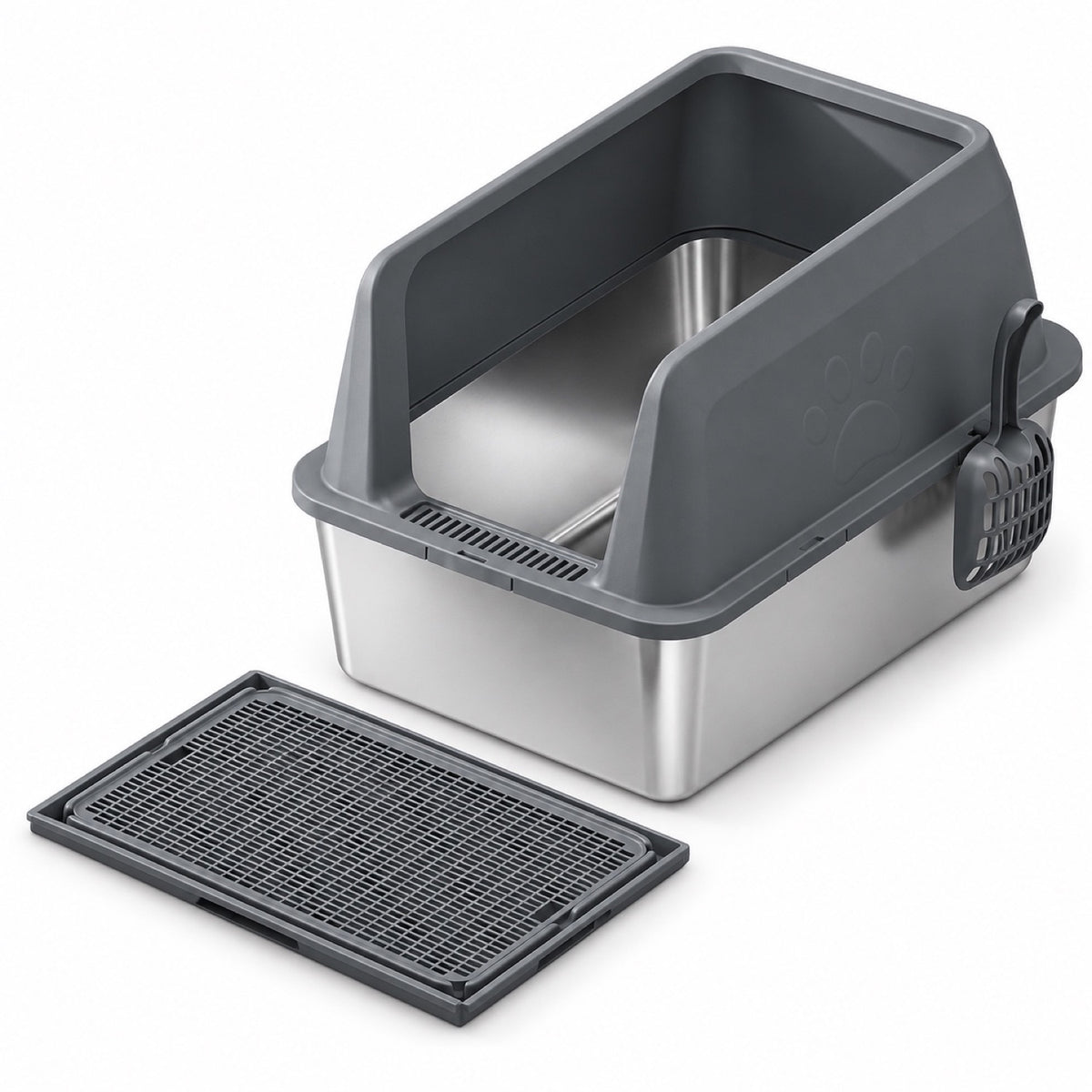 GAVPEPY Extra Large Stainless Steel Top-Entry High-Sided Cat Litter Box, 8 Options image 14 - DPlitterbox4-DarkGray-60X40X40CM-WithScoop-V6.jpg