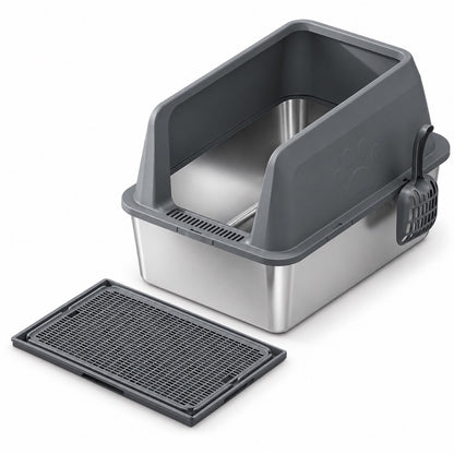GAVPEPY Extra Large Stainless Steel Top-Entry High-Sided Cat Litter Box, 8 Options image 14 - DPlitterbox4-DarkGray-60X40X40CM-WithScoop-V6.jpg