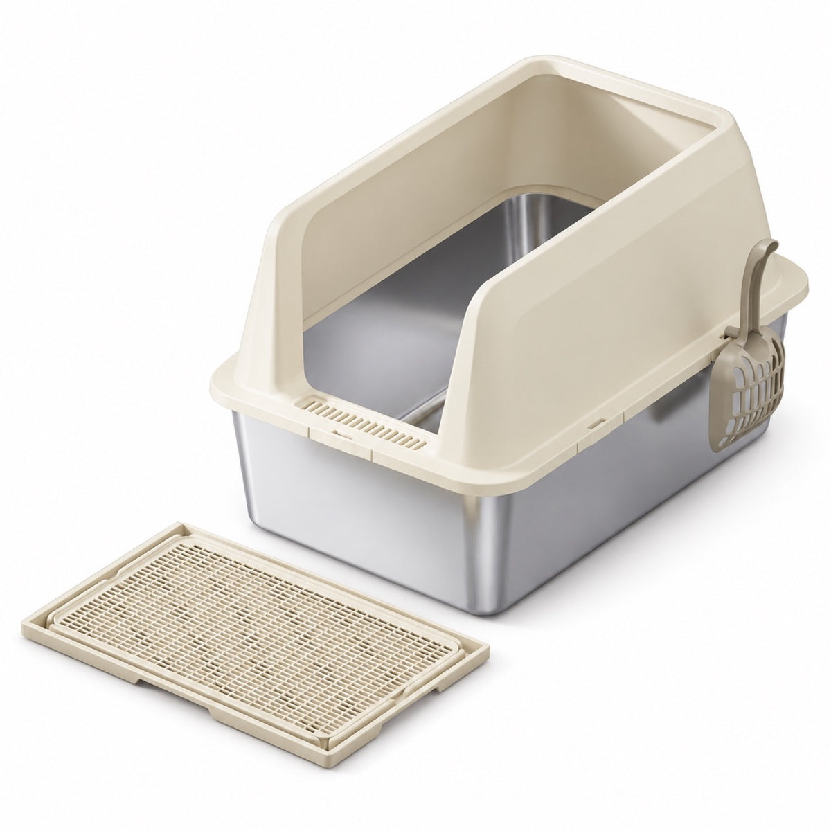 GAVPEPY Extra Large Stainless Steel Top-Entry High-Sided Cat Litter Box, 8 Options image 12 - DPlitterbox4-Khaki-60X40X40CM-WithScoop-V7.jpg