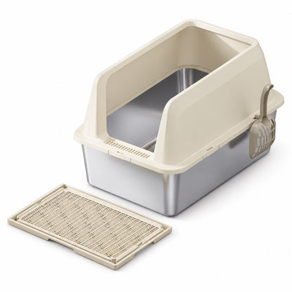 GAVPEPY Extra Large Stainless Steel Top-Entry High-Sided Cat Litter Box, 8 Options image 12 - DPlitterbox4-Khaki-60X40X40CM-WithScoop-V7.jpg