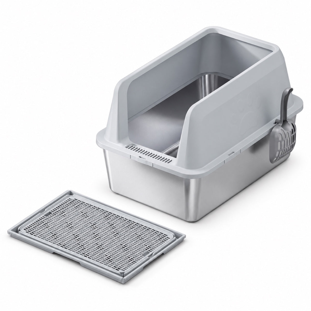 GAVPEPY Extra Large Stainless Steel Top-Entry High-Sided Cat Litter Box, 8 Options image 9 - DPlitterbox4-LightGray-60X40X40CM-WithScoop-V5.jpg