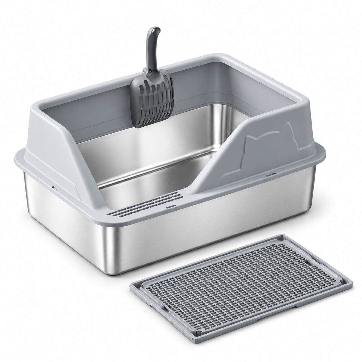 GAVPEPY Extra Large Stainless Steel High-Sided Cat Litter Box, 56 Options image 41 - DPlitterbox5-LightGray-50X35X23CM-V43.jpg