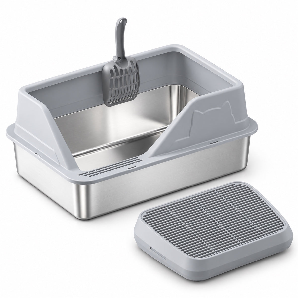 GAVPEPY Extra Large Stainless Steel High-Sided Cat Litter Box, 56 Options image 63 - DPlitterbox5-LightGray-60X40X23CM-V32.jpg