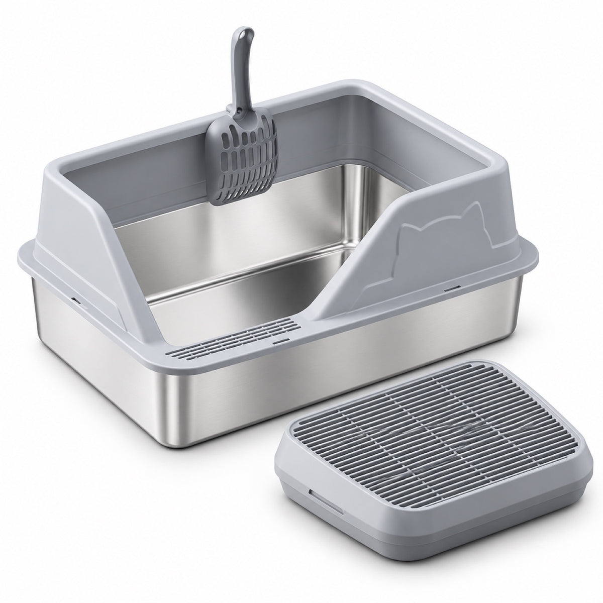 GAVPEPY Extra Large Stainless Steel High-Sided Cat Litter Box, 56 Options image 33 - DPlitterbox5-LightGray-60X40X28CM-V34.jpg