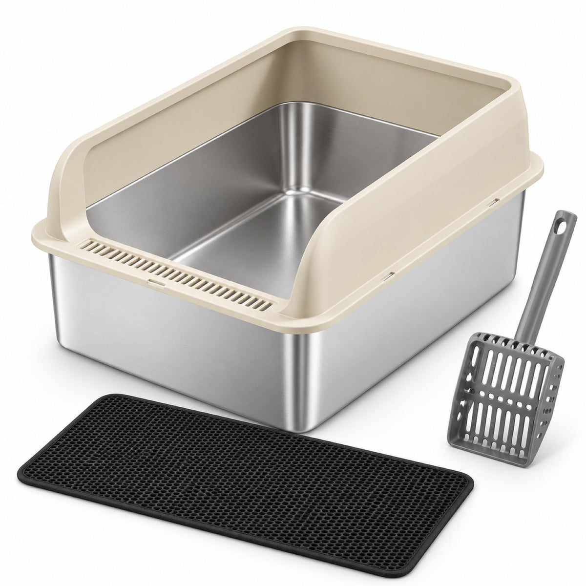 GAVPEPY Extra Large Stainless Steel Top-Entry High-Sided Cat Litter Box, 24 Options image 15 - DPlitterbox8-50X35X30CM-WithScoop.jpg