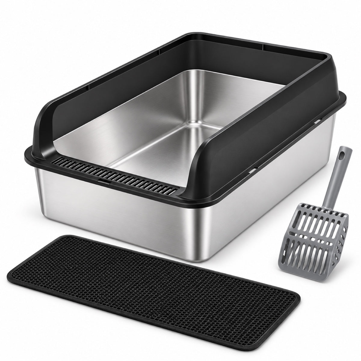GAVPEPY Extra Large Stainless Steel Top-Entry High-Sided Cat Litter Box, 24 Options image 12 - DPlitterbox8-Black-50X35X25CM-WithScoop.jpg