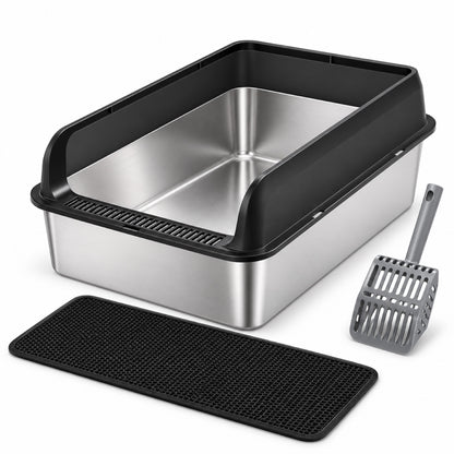 GAVPEPY Extra Large Stainless Steel Top-Entry High-Sided Cat Litter Box, 24 Options image 12 - DPlitterbox8-Black-50X35X25CM-WithScoop.jpg