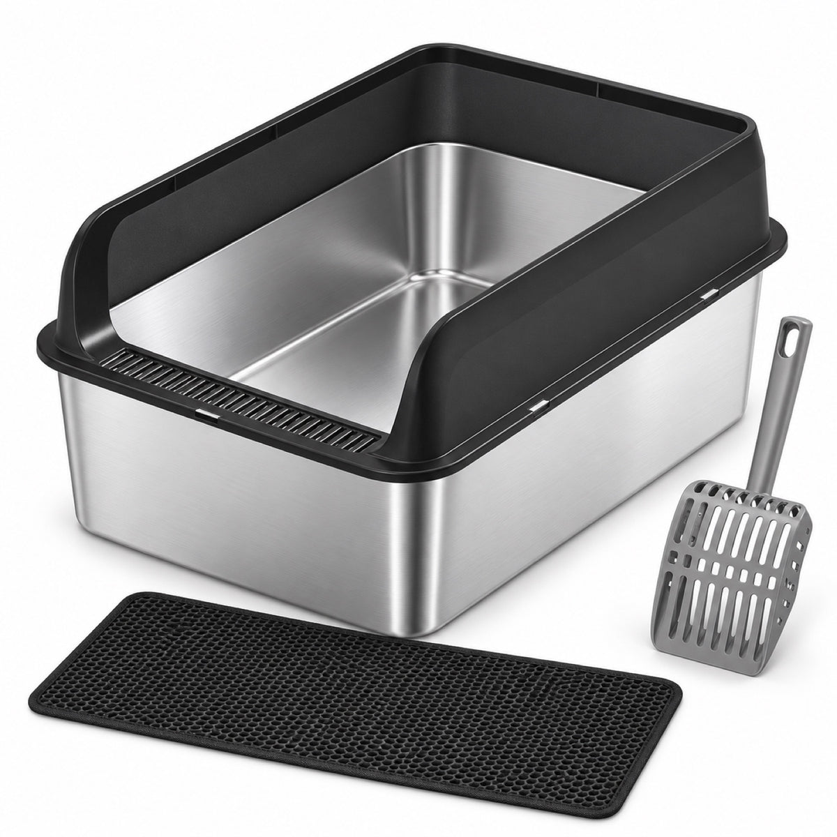 GAVPEPY Extra Large Stainless Steel Top-Entry High-Sided Cat Litter Box, 24 Options image 28 - DPlitterbox8-Black-50X35X30CM-WithScoop.jpg