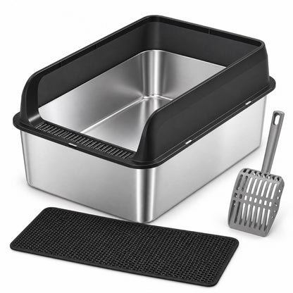GAVPEPY Extra Large Stainless Steel Top-Entry High-Sided Cat Litter Box, 24 Options image 28 - DPlitterbox8-Black-50X35X30CM-WithScoop.jpg