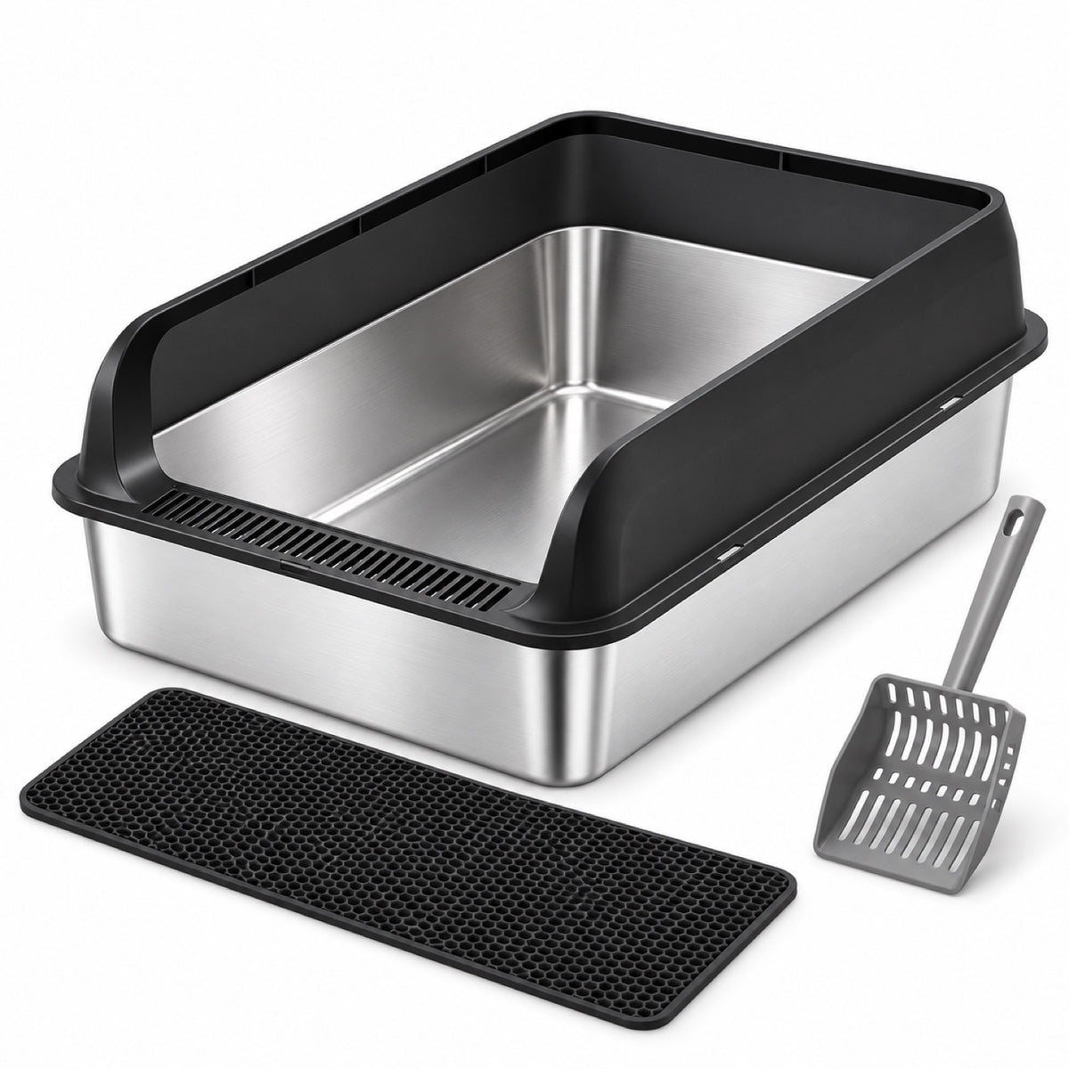 GAVPEPY Extra Large Stainless Steel Top-Entry High-Sided Cat Litter Box, 24 Options image 24 - DPlitterbox8-Black-60X40X20CM-WithScoop.jpg