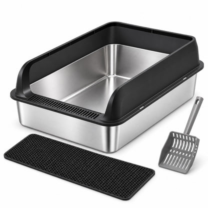 GAVPEPY Extra Large Stainless Steel Top-Entry High-Sided Cat Litter Box, 24 Options image 24 - DPlitterbox8-Black-60X40X20CM-WithScoop.jpg