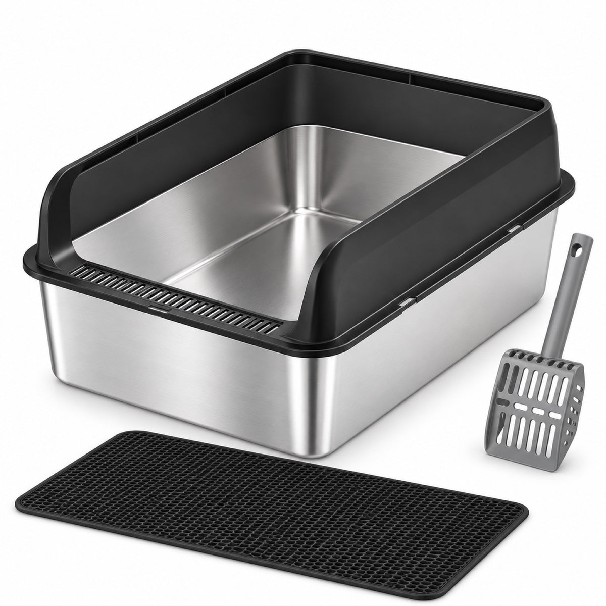 GAVPEPY Extra Large Stainless Steel Top-Entry High-Sided Cat Litter Box, 24 Options image 22 - DPlitterbox8-Black-60X40X25CM-WithScoop.jpg