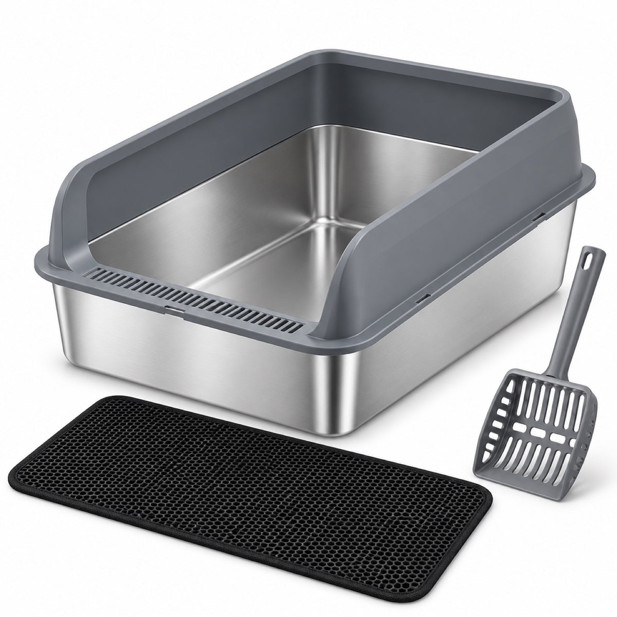 GAVPEPY Extra Large Stainless Steel Top-Entry High-Sided Cat Litter Box, 24 Options image 11 - DPlitterbox8-Gray-50X35X20CM-WithScoop-V22.jpg