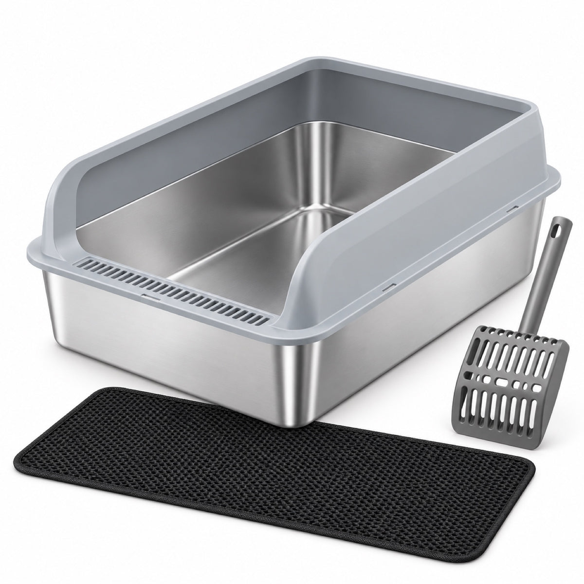GAVPEPY Extra Large Stainless Steel Top-Entry High-Sided Cat Litter Box, 24 Options image 27 - DPlitterbox8-Gray-50X35X20CM-WithScoop.jpg