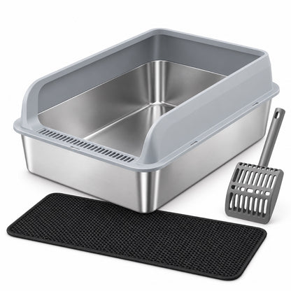 GAVPEPY Extra Large Stainless Steel Top-Entry High-Sided Cat Litter Box, 24 Options image 27 - DPlitterbox8-Gray-50X35X20CM-WithScoop.jpg