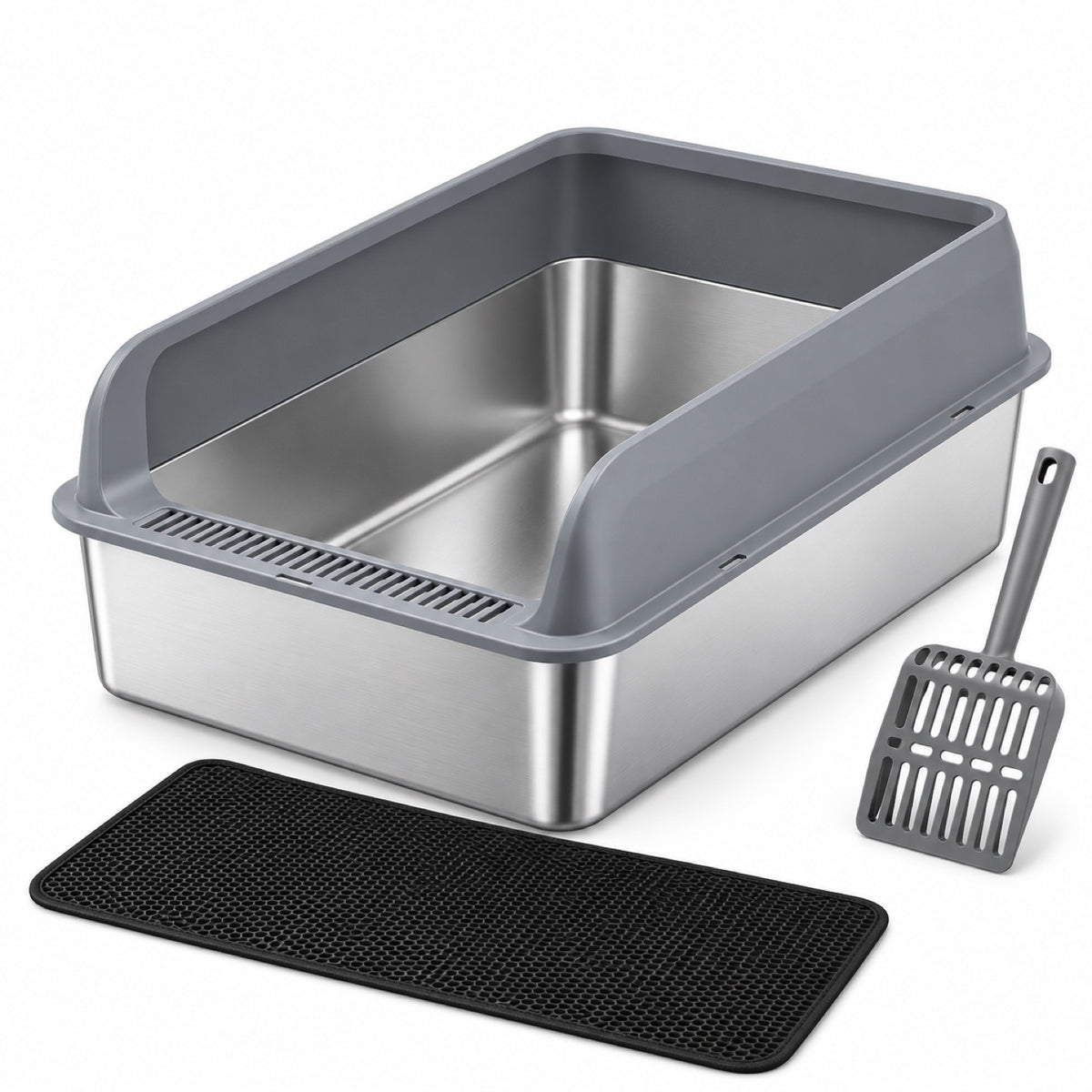 GAVPEPY Extra Large Stainless Steel Top-Entry High-Sided Cat Litter Box, 24 Options image 8 - DPlitterbox8-Gray-50X35X25CM-WithScoop-V18.jpg