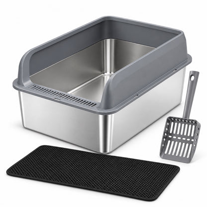 GAVPEPY Extra Large Stainless Steel Top-Entry High-Sided Cat Litter Box, 24 Options image 13 - DPlitterbox8-Gray-50X35X30CM-WithScoop-V14.jpg