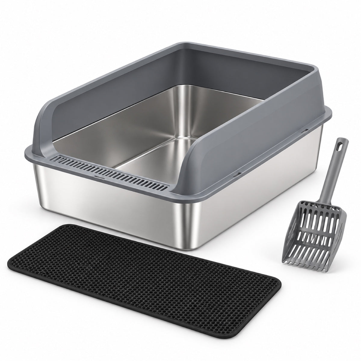 GAVPEPY Extra Large Stainless Steel Top-Entry High-Sided Cat Litter Box, 24 Options image 18 - DPlitterbox8-Gray-60X40X20CM-WithScoop-V10.jpg