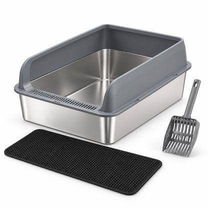 GAVPEPY Extra Large Stainless Steel Top-Entry High-Sided Cat Litter Box, 24 Options image 18 - DPlitterbox8-Gray-60X40X20CM-WithScoop-V10.jpg
