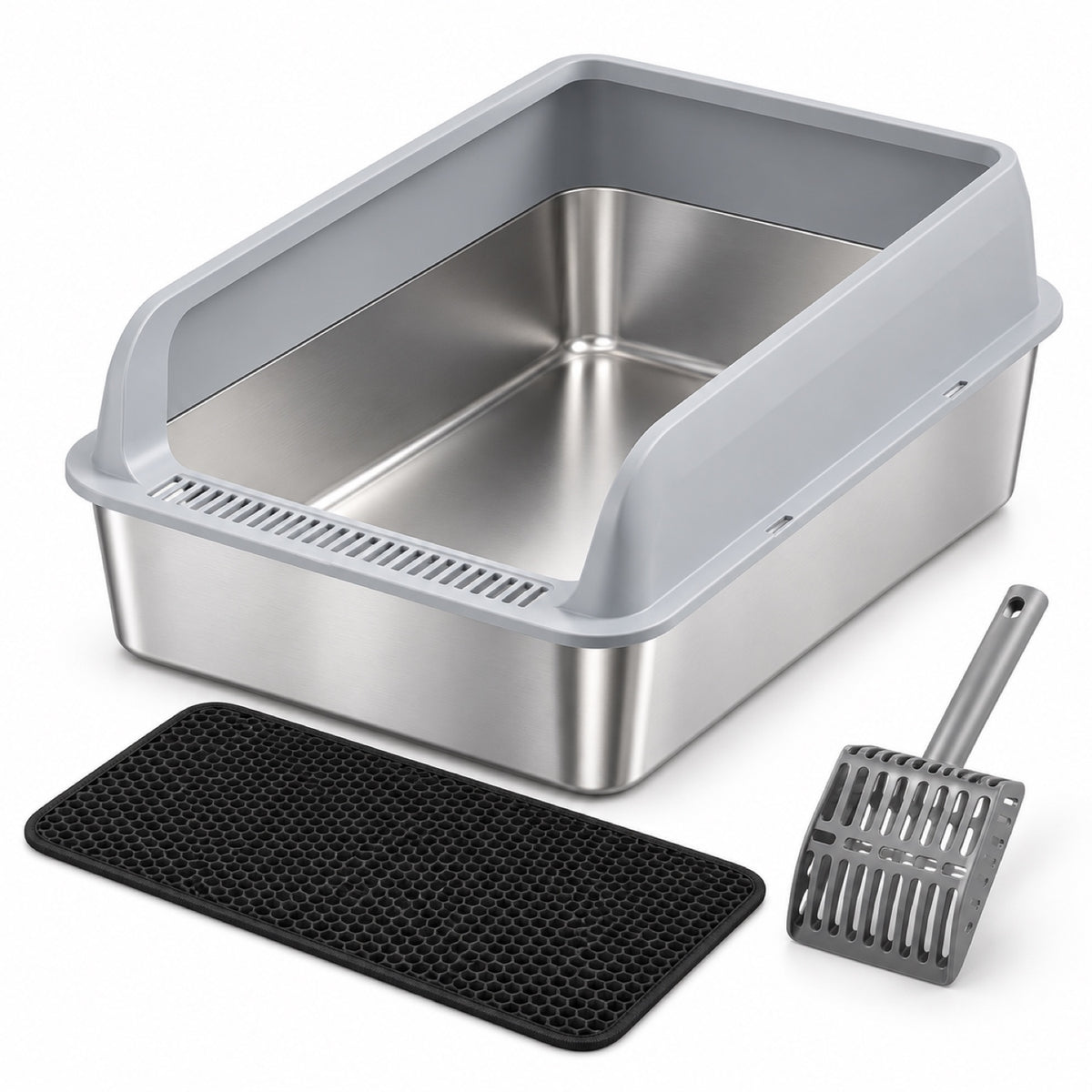 GAVPEPY Extra Large Stainless Steel Top-Entry High-Sided Cat Litter Box, 24 Options image 16 - DPlitterbox8-Gray-60X40X20CM-WithScoop.jpg