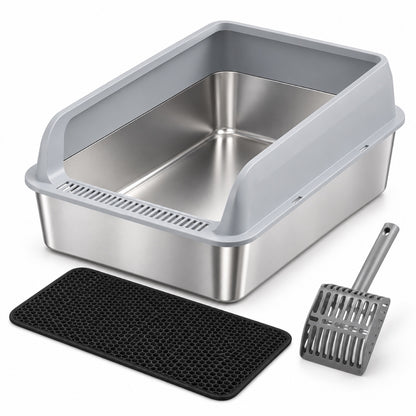 GAVPEPY Extra Large Stainless Steel Top-Entry High-Sided Cat Litter Box, 24 Options image 16 - DPlitterbox8-Gray-60X40X20CM-WithScoop.jpg