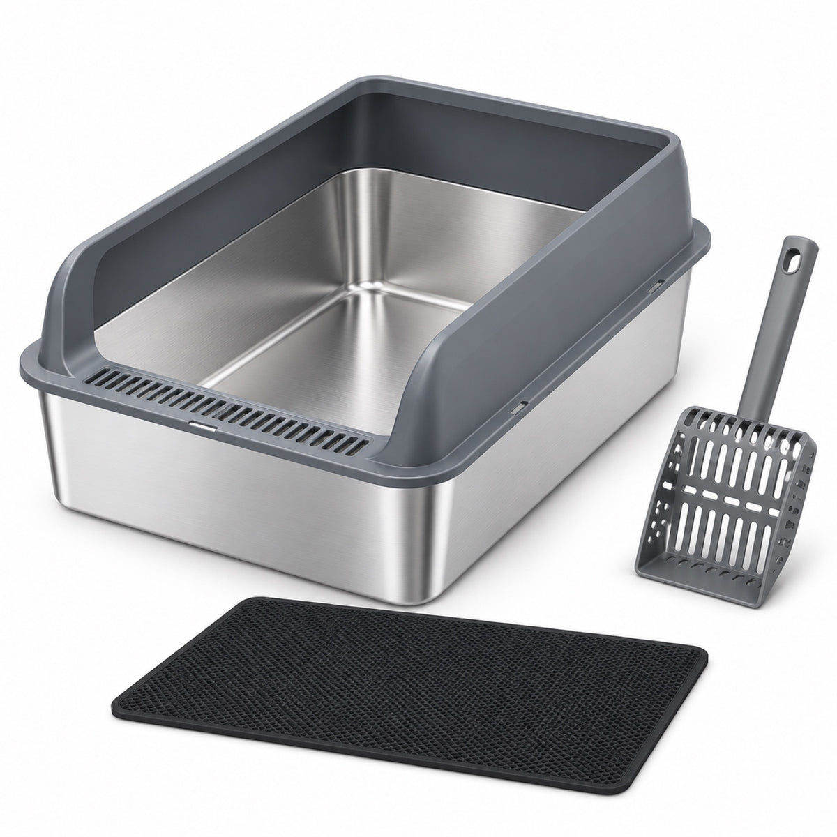GAVPEPY Extra Large Stainless Steel Top-Entry High-Sided Cat Litter Box, 24 Options image 31 - DPlitterbox8-Gray-60X40X25CM-WithScoop-V6.jpg