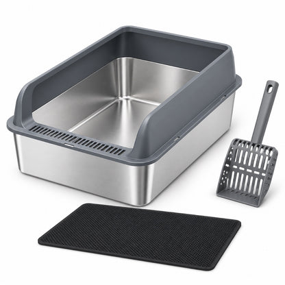 GAVPEPY Extra Large Stainless Steel Top-Entry High-Sided Cat Litter Box, 24 Options image 31 - DPlitterbox8-Gray-60X40X25CM-WithScoop-V6.jpg