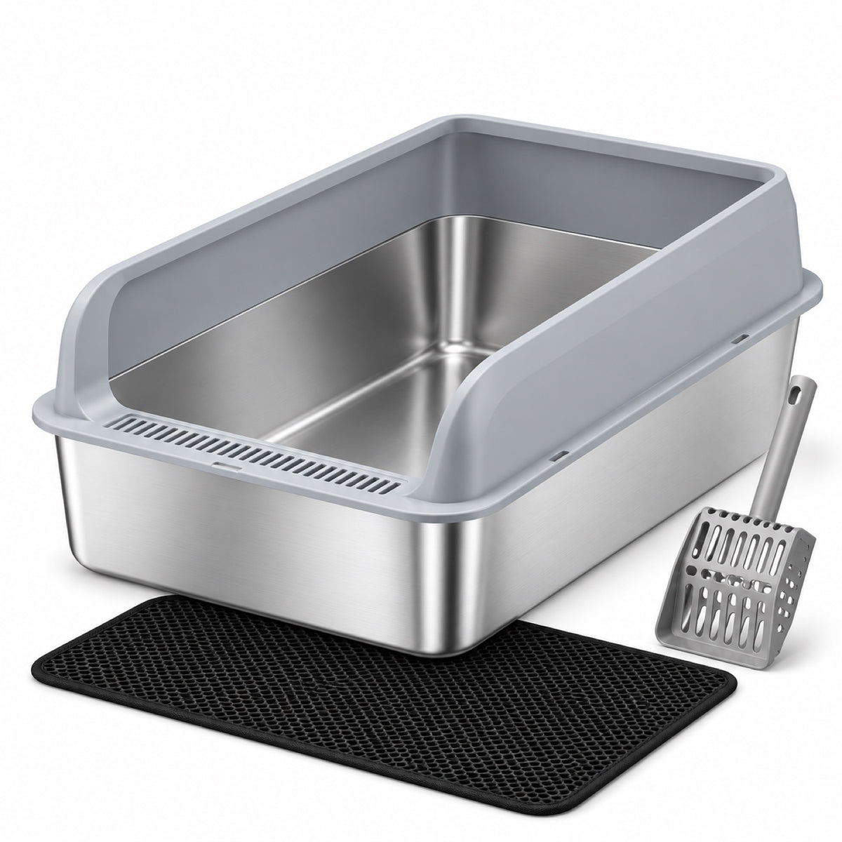 GAVPEPY Extra Large Stainless Steel Top-Entry High-Sided Cat Litter Box, 24 Options image 10 - DPlitterbox8-Gray-60X40X25CM-WithScoop.jpg