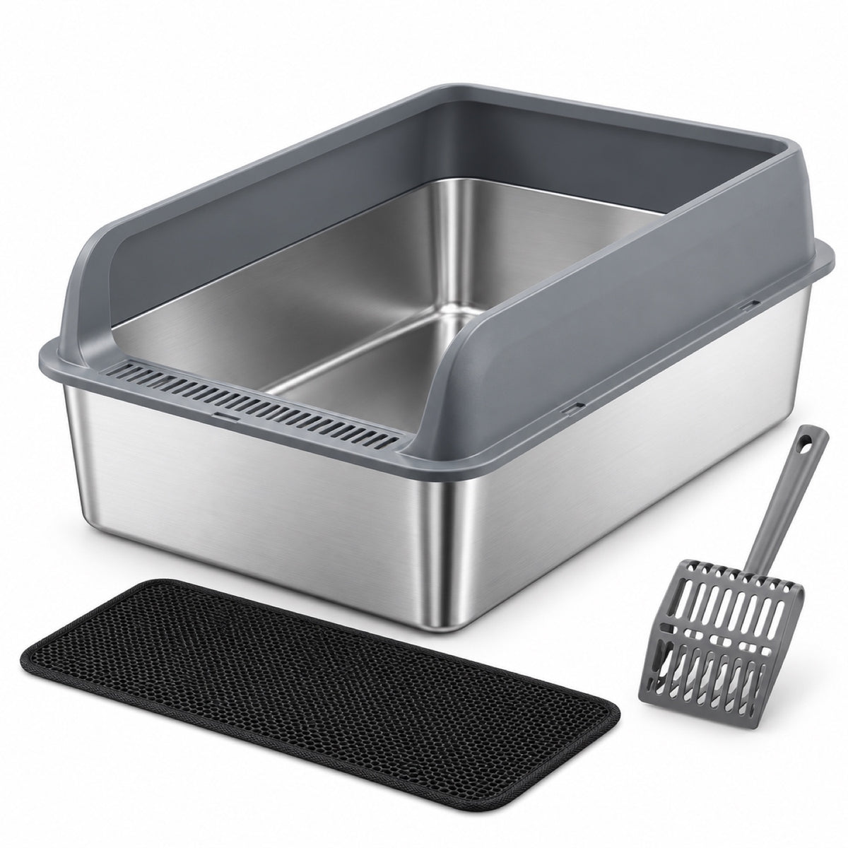 GAVPEPY Extra Large Stainless Steel Top-Entry High-Sided Cat Litter Box, 24 Options image 23 - DPlitterbox8-Gray-60X40X30CM-WithScoop-V2.jpg