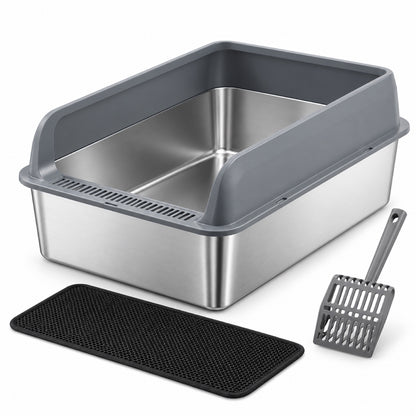 GAVPEPY Extra Large Stainless Steel Top-Entry High-Sided Cat Litter Box, 24 Options image 23 - DPlitterbox8-Gray-60X40X30CM-WithScoop-V2.jpg