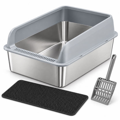GAVPEPY Extra Large Stainless Steel Top-Entry High-Sided Cat Litter Box, 24 Options image 14 - DPlitterbox8-Gray-60X40X30CM-WithScoop.jpg