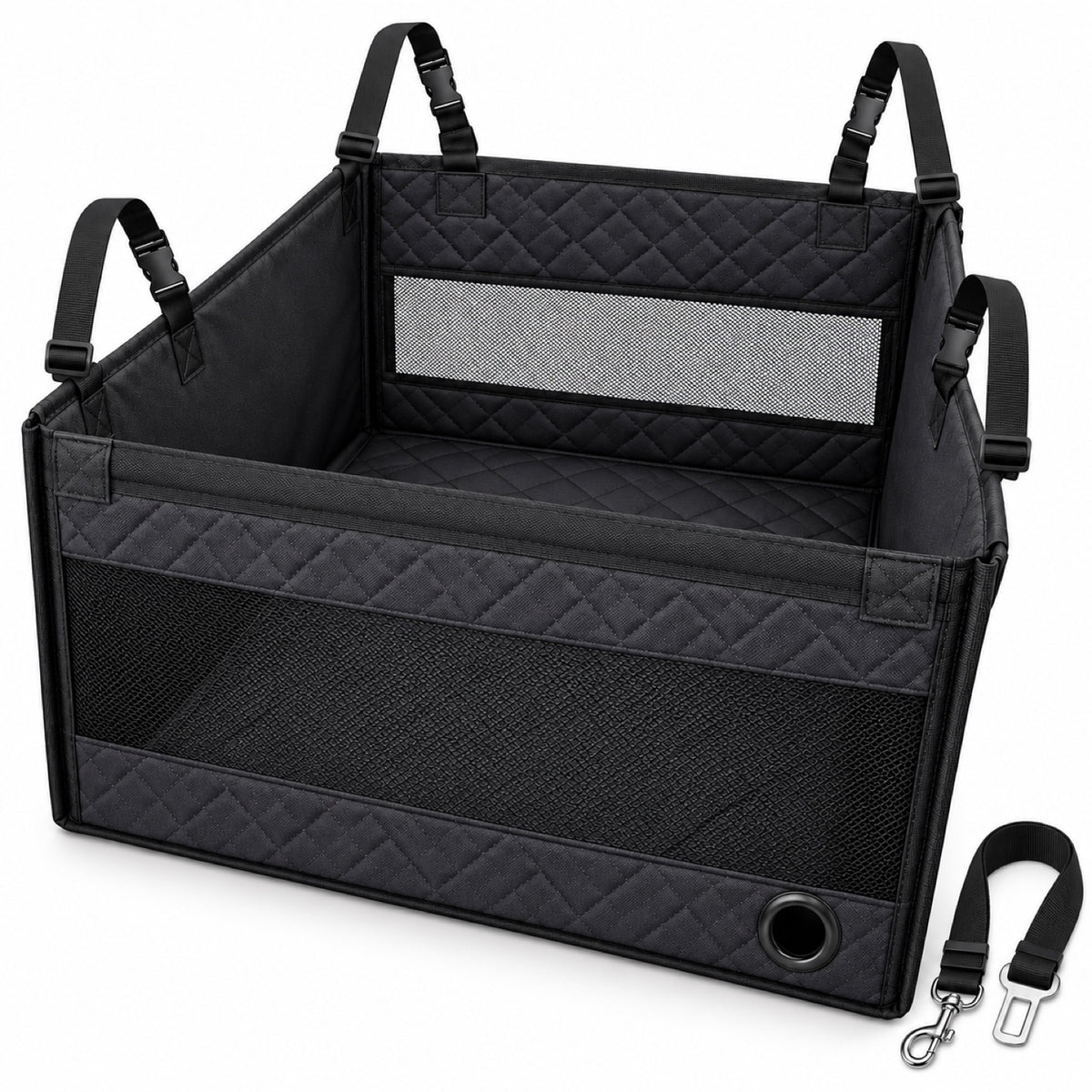 Hard-Bottom Rear Seat Pet Enclosure, 2 Colors, 2 Sizes & 2 Packages, By GAVPEPY image 9 - DPmat15-Black-SafetyOpening-SeatBelt-ReadyStock-OneSize-Var2.jpg