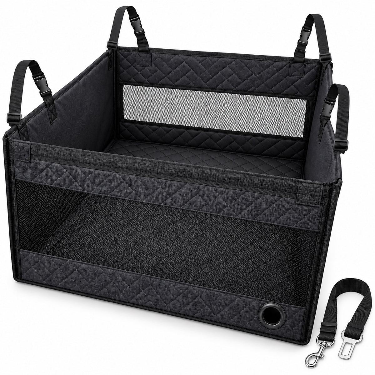 Hard-Bottom Rear Seat Pet Enclosure, 2 Colors, 2 Sizes & 2 Packages, By GAVPEPY image 10 - DPmat15-Black-SafetyOpening-SeatBelt-ReadyStock-OneSize.jpg